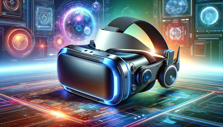 DALL·E 2024-02-15 11.55.39 - Create a wide format image of a futuristic virtual reality (VR) headset placed in an immersive digital environment